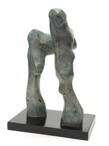 direct carving M#20, 2019 : plaster and shoe polish, figure, 3-1/2" dia x 16-1/2", maple base, 5-1/2" dia $900
